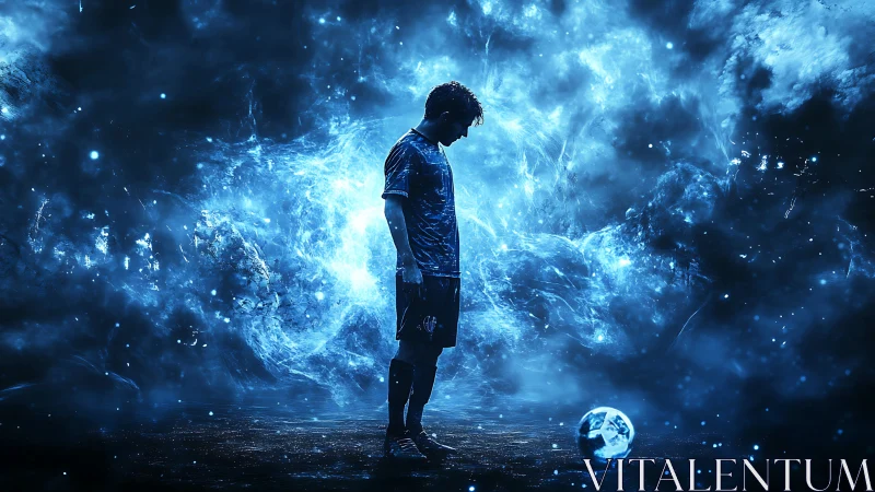Digital painting of lone footballer in cosmic blue vortex field.