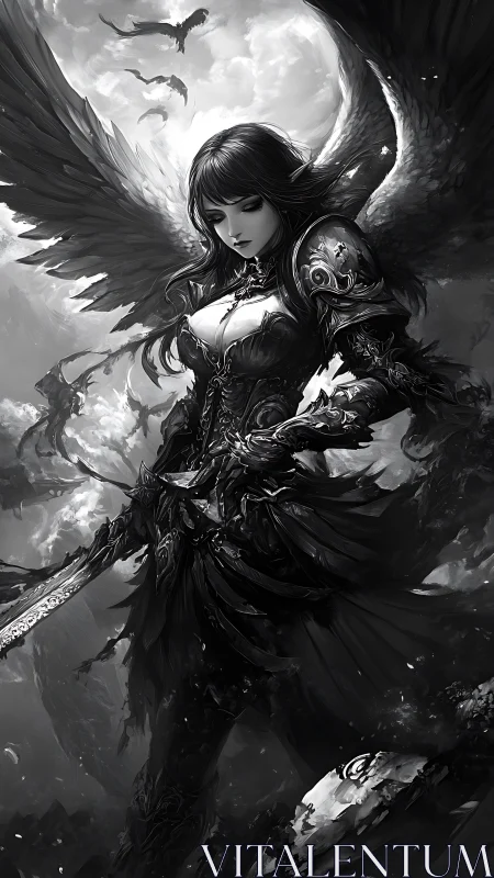 Monochrome winged warrior rendered with ornate gothic armor details