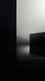 Monolithic silhouettes dividing mist over reflective water.