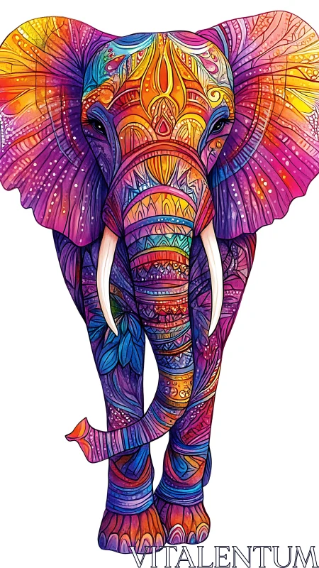 Radiant patterned elephant walks forward in joyful color