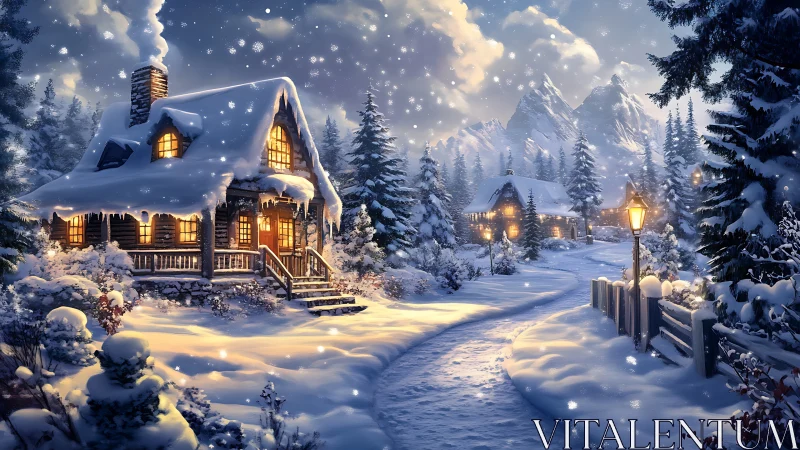 Cozy winter cabins glowing softly in a peaceful snowy forest.