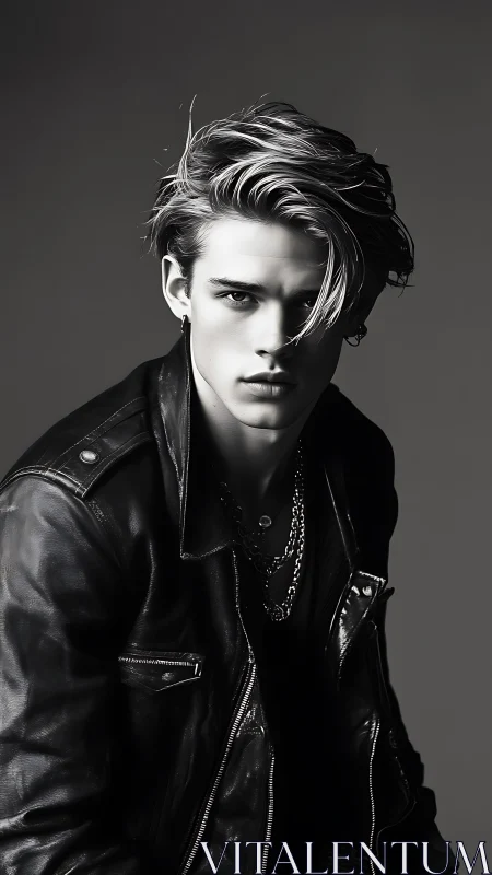 Moody black and white portrait of stylish young man.