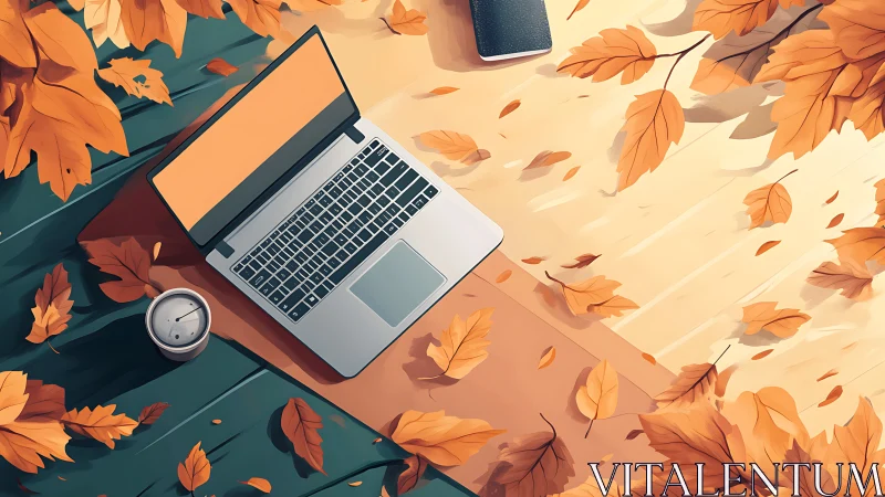 Autumn workspace glows with laptop light and swirling leaves.