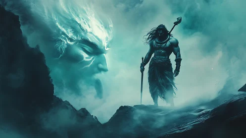 Mythic warrior in spectral mist with colossal astral visage.