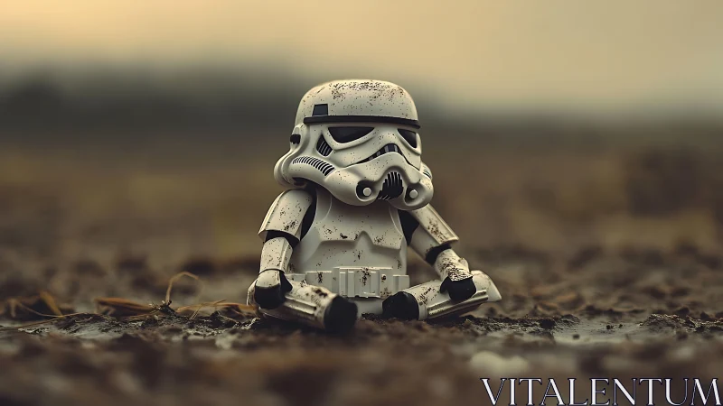 Mud-splattered toy trooper meditating on a lonely wasteland.