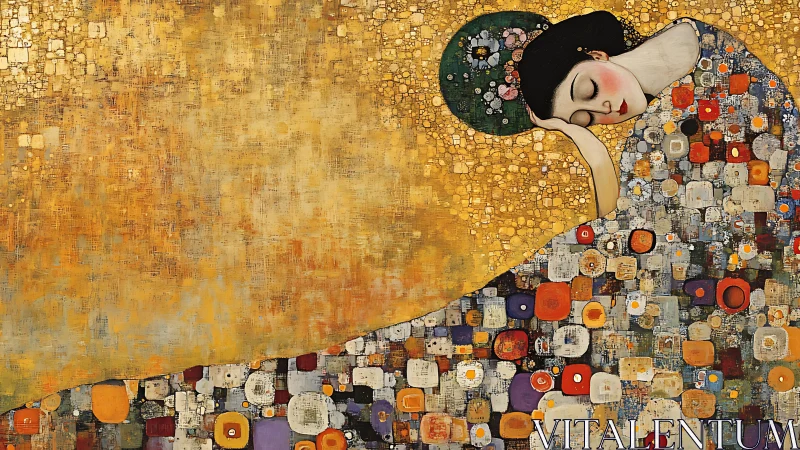 Sleeping woman in gilded mosaic robe, serene abstract field.