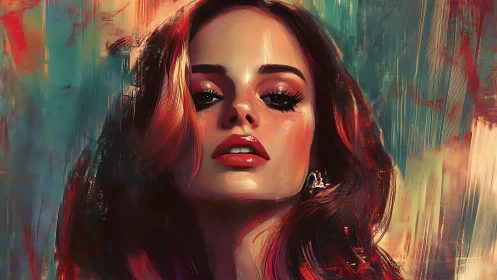 Brushstrokes crown a luminous gaze in molten sunset color