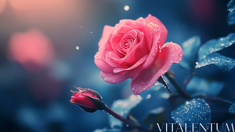 Dewdrop-Kissed Pink Rose in Dreamy Blue Garden.
