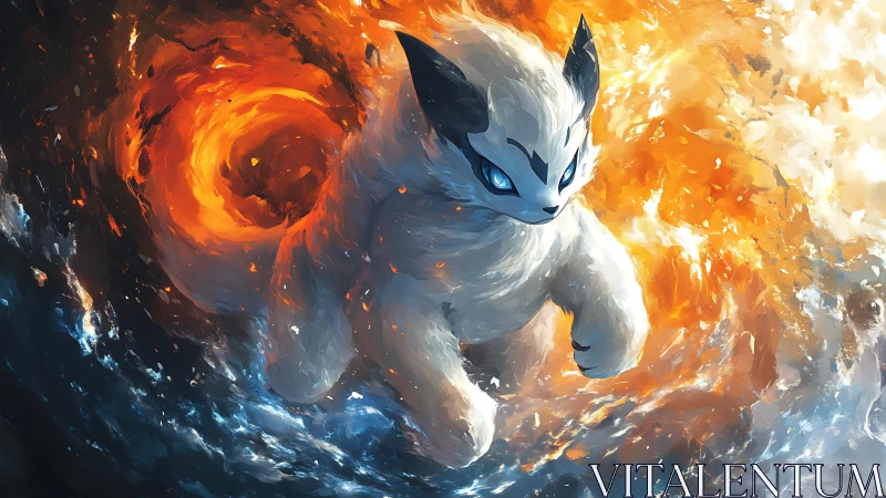 Elemental vulpine familiar traversing turbulent fire vortex.
