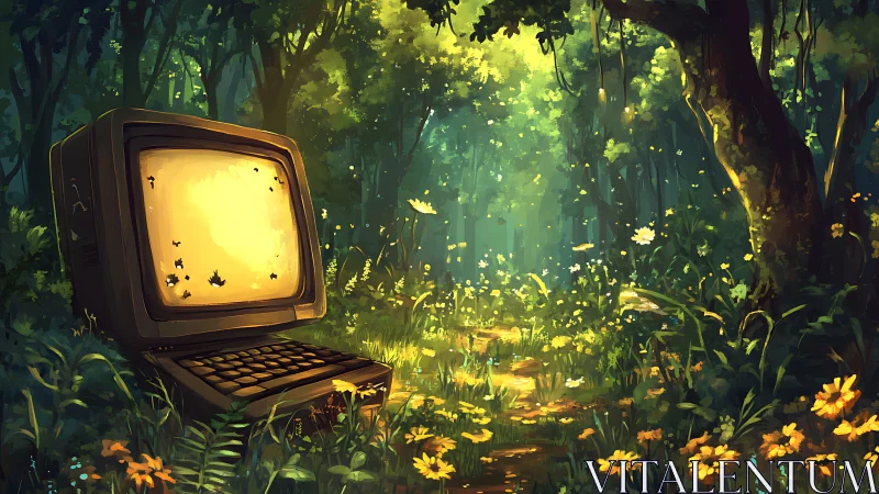 Vintage computer glowing softly in sunlit wild forest.