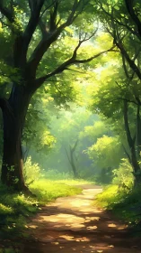 Luminous Forest Canopy: Digital Landscape with Golden Pathway.