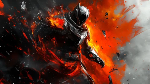 Armored futuristic warrior engulfed in blasting firestorm.