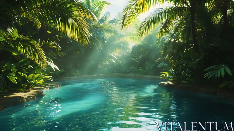 Sunlit jungle lagoon with clear blue reflective water.