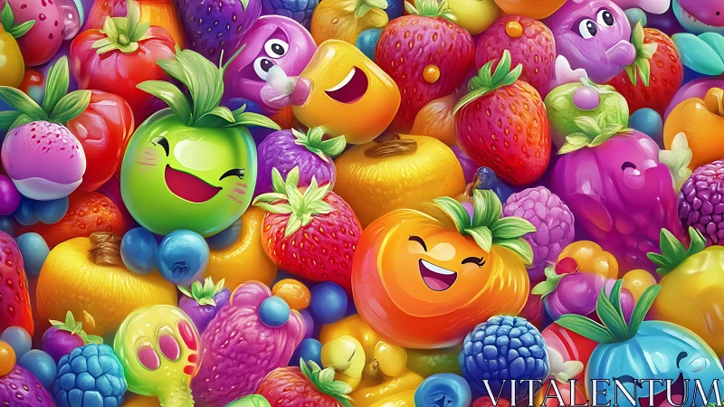 Smiling cartoon fruit burst in saturated rainbow palette.