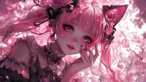 Pink haired catgirl portrait among dense cherry blossoms.