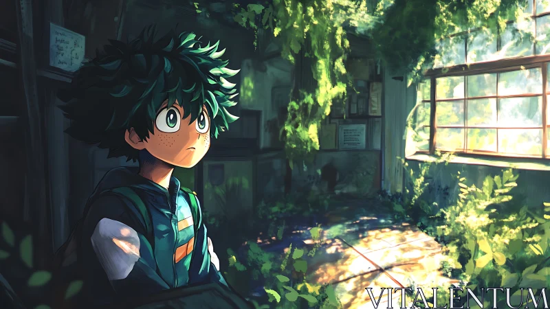 Green haired dreamer pauses in a sun drowned secret classroom