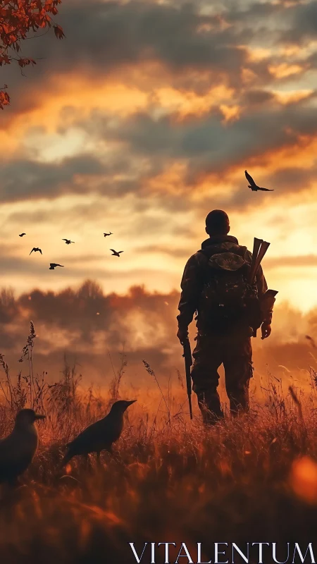 Hunter silhouette under blazing autumn sunrise sky.