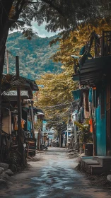 Narrow village street leading toward lush tree covered hills.
