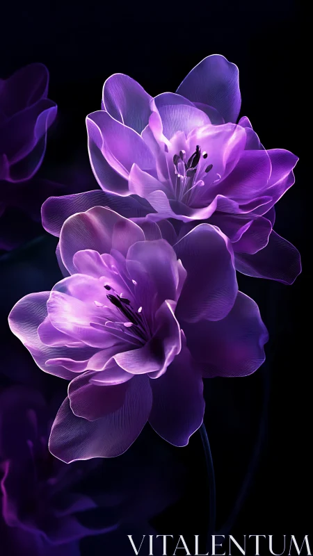 Luminescent Purple Floral Composition with Translucent Petals Against Dark Background