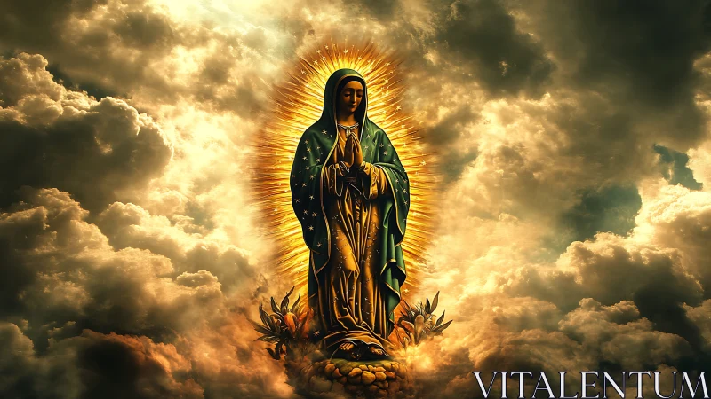 Radiant robed figure with golden halo amid dramatic storm clouds