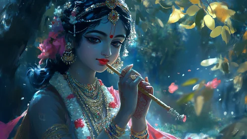 Divine flutist in jeweled attire beneath moonlit grove.