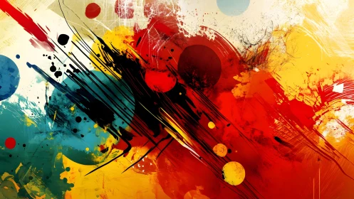 Bold abstract painting with vibrant splashes and dynamic lines.