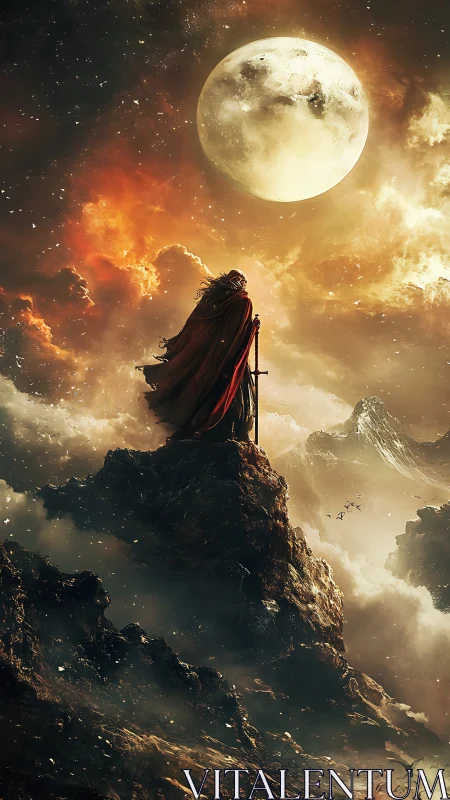 Lone cloaked warrior holds sword beneath burning full moon