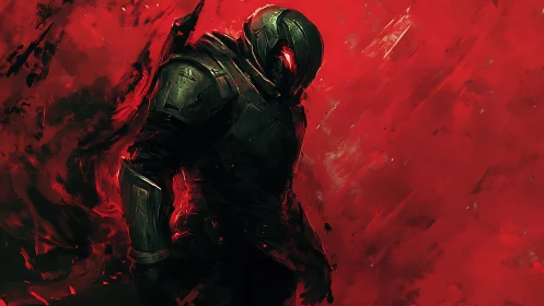 Armored sci fi warrior in red abstract inferno backdrop.