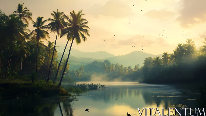 Golden dawn settles gently over a quiet tropical river