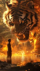 Colossal tiger confronts lone child in blazing golden river.