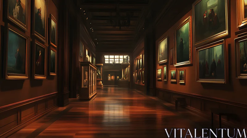 Grand gallery corridor glows in warm late-afternoon light.