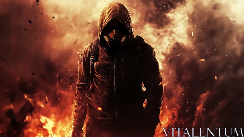 Hooded gas mask figure standing in burning fiery smoke.