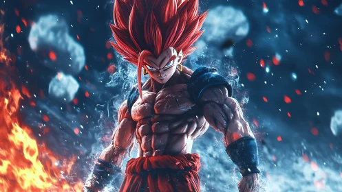 Fiery anime warrior unleashes power amid storm and embers