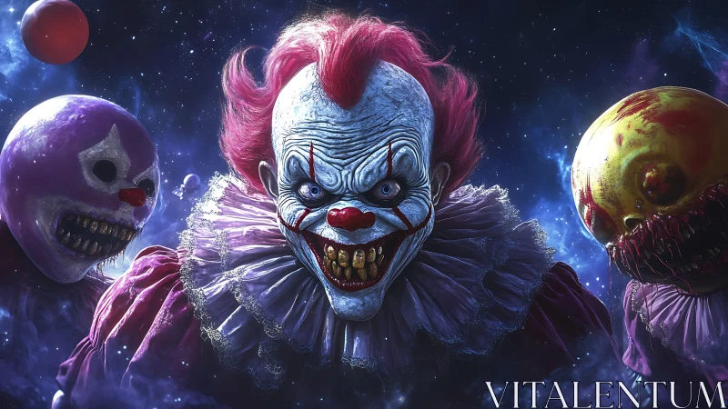 Digital painting of demonic space clowns with cosmic lighting.