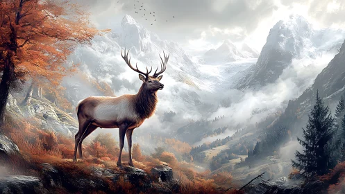 Cervid sentinel in glacial valley under stratified autumnal atmospherics.