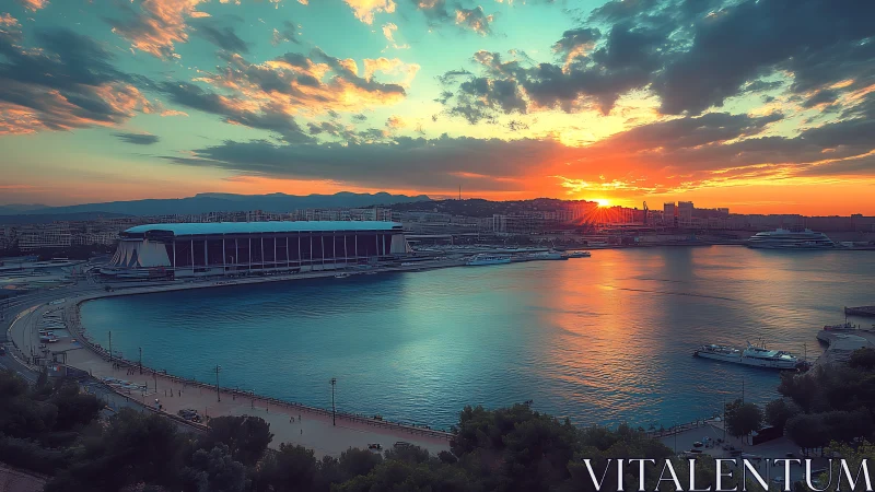 Golden harbor sunset embracing a peaceful coastal city.