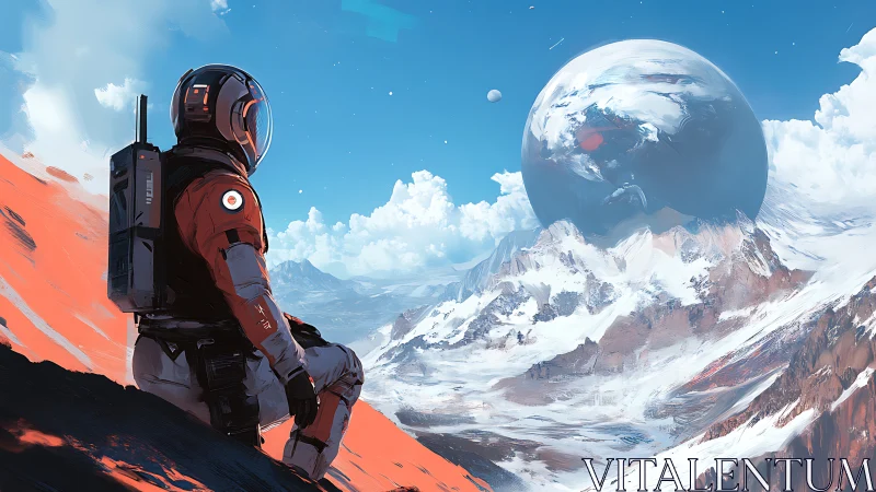 Solitude in orbit-scarred snowfields beneath a glassy world.