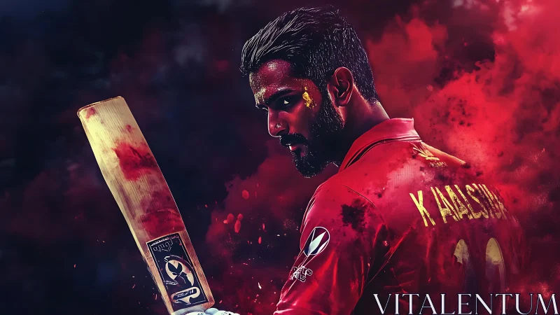 Cricket player stands poised in vivid red smoke and light