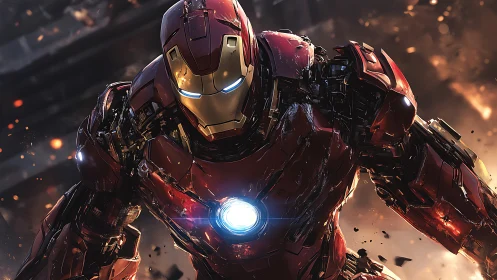 Armored hero surging through sparks and cityside chaos.