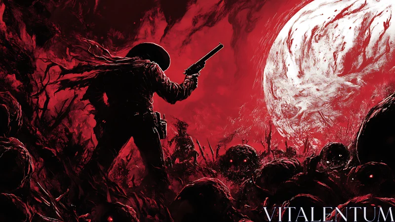 Gunslinger eclipses a blood moon above crawling horrors.