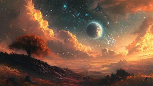 Lone tree under alien sky with glowing clouds and planet.