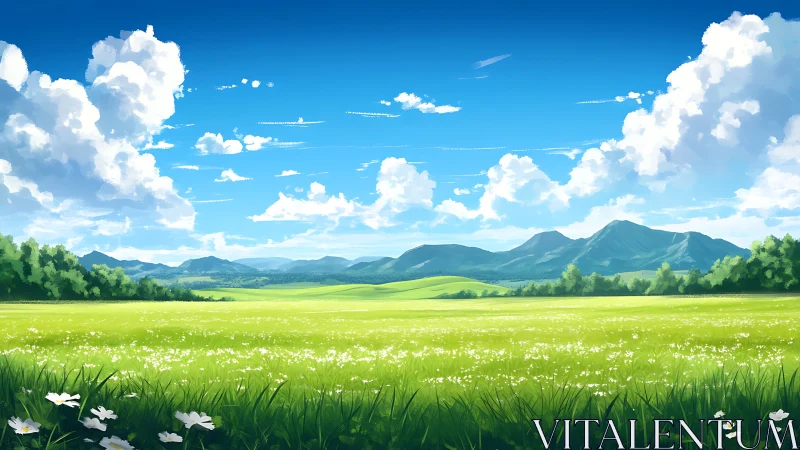 Sunlit green meadow under cumulus clouds and blue sky.