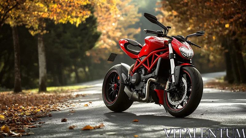 Sport naked motorcycle with trellis frame on wet autumn road