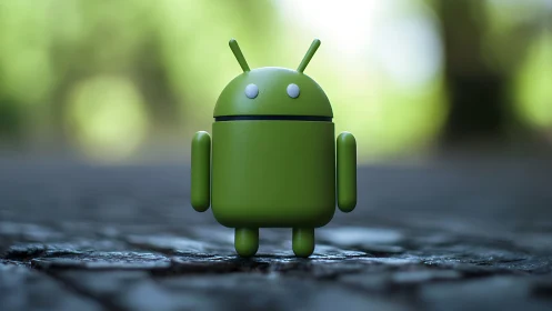 Green android mascot rendered as shallow depth-of-field 3D figure