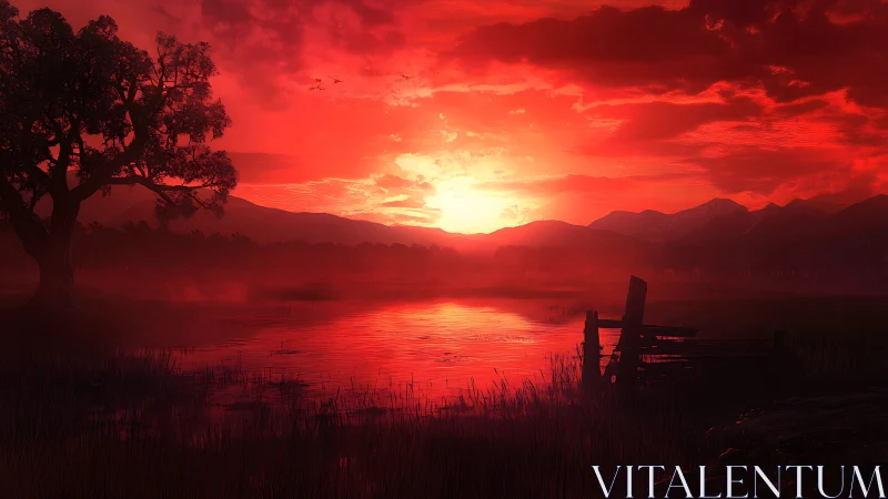 Crimson lake sunset ignites misty mountains and reeds.