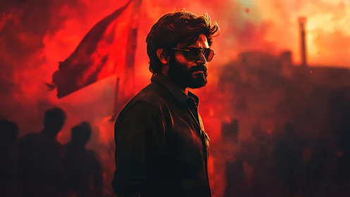 Defiant leader strides through blazing red protest smoke.