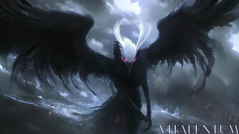 Dark winged avian demon with glowing eyes in stormy sky.