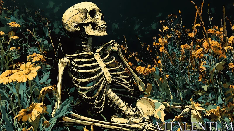 Human skeleton resting in dense yellow wildflower field.