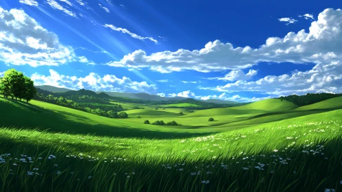 Sunlit rolling meadows under expansive cobalt sky.