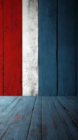 Vertical tricolor wall with blue plank floor interior scene.